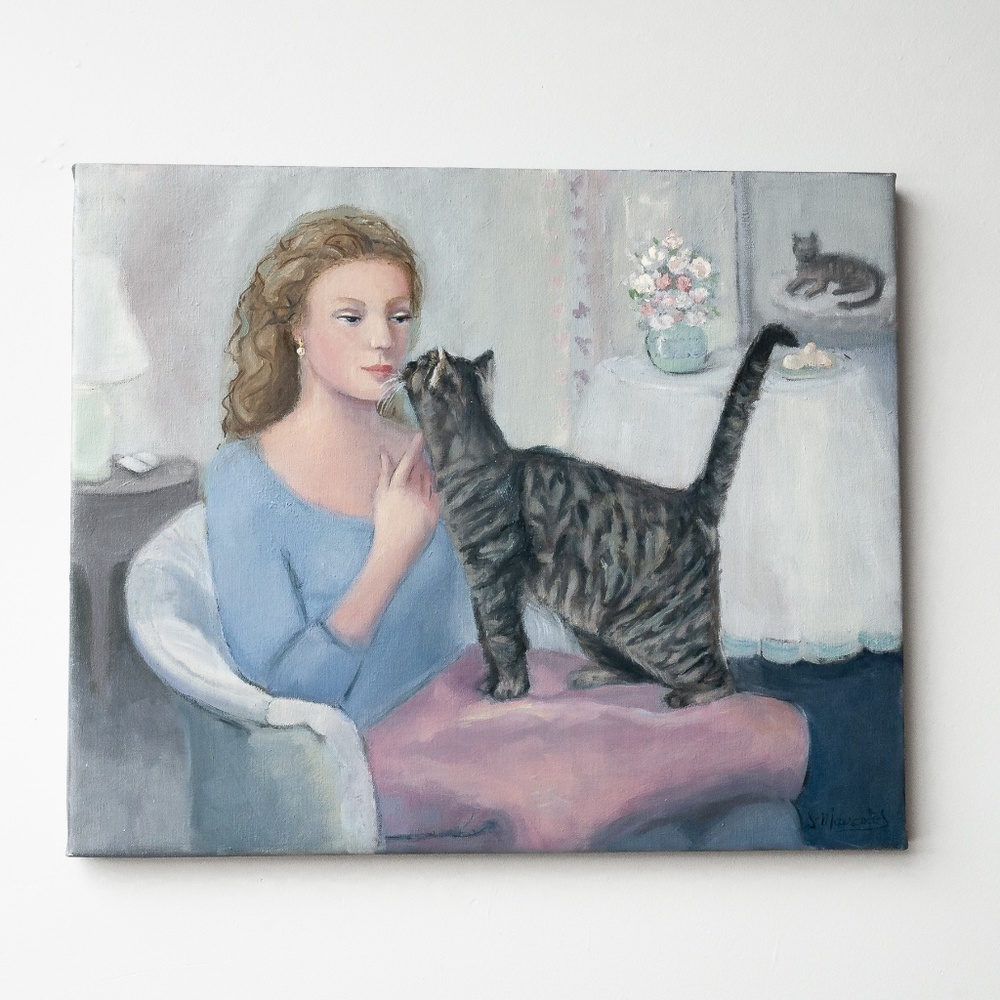 Oil painting  "La conversation"   portrait of woman with cat, 20"x24"